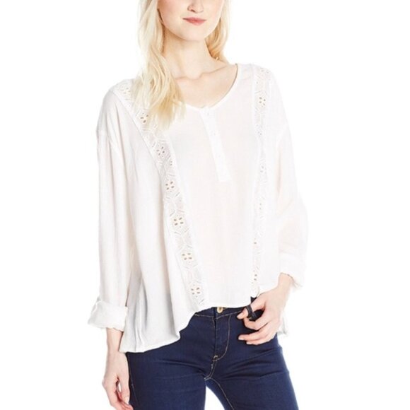 Volcom White long sleeve eyelet and gauze boho flowy blouse Size Small - Picture 1 of 9